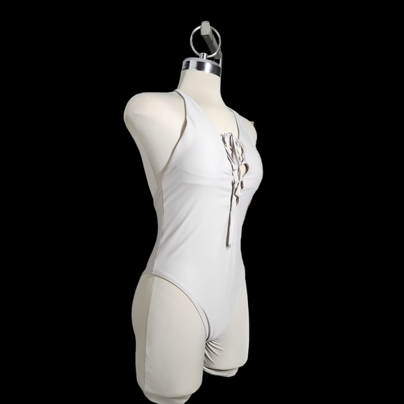 Aerie swim one piece size m Grey with tie up neck and pads bodysuit - Picture 7 of 11